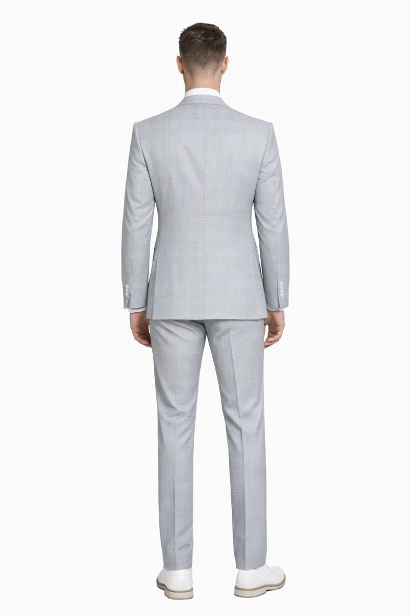 Men's Stacy Adams Vested Peak Lapel Baby Blue Plaid Prom & Wedding Suit