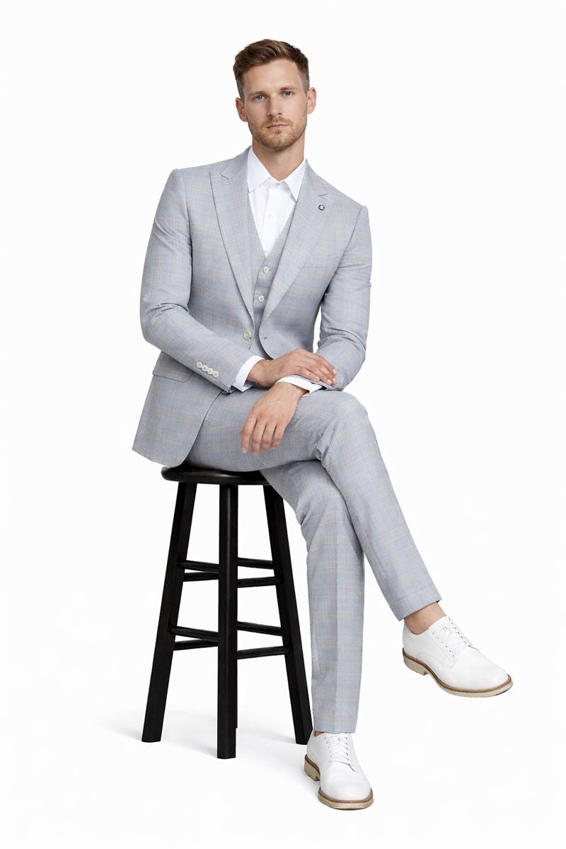 Men's Stacy Adams Vested Peak Lapel Baby Blue Plaid Prom & Wedding Suit