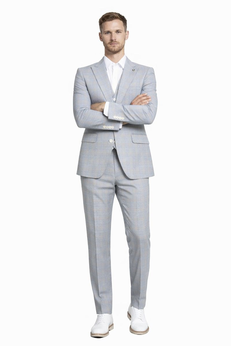 Men's Stacy Adams Vested Peak Lapel Baby Blue Plaid Prom & Wedding Suit