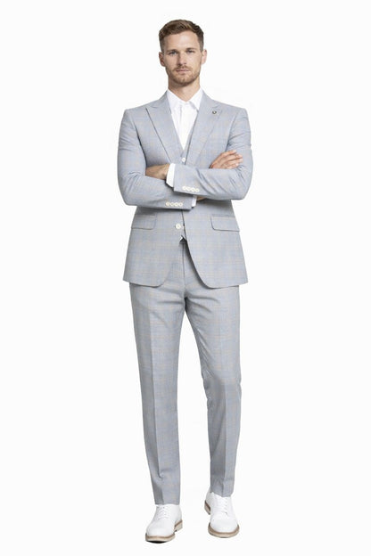Men's Stacy Adams Vested Peak Lapel Baby Blue Plaid Prom & Wedding Suit