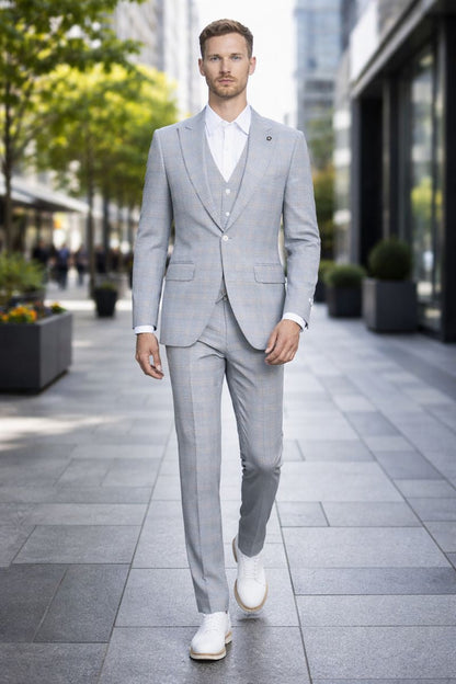 Men's Stacy Adams Vested Peak Lapel Baby Blue Plaid Prom & Wedding Suit