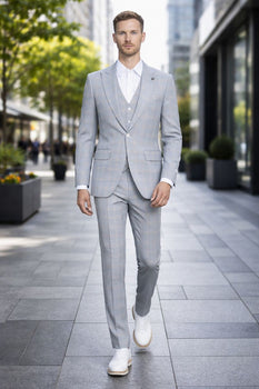 Men's Stacy Adams Vested Peak Lapel Baby Blue Plaid Prom & Wedding Suit