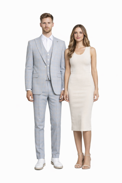 Men's Stacy Adams Vested Peak Lapel Baby Blue Plaid Prom & Wedding Suit
