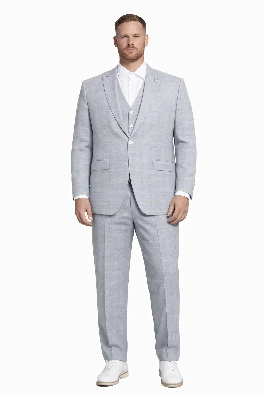 Men's Stacy Adams Vested Peak Lapel Baby Blue Plaid Prom & Wedding Suit