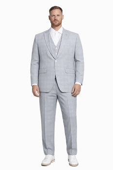 Men's Stacy Adams Vested Peak Lapel Baby Blue Plaid Prom & Wedding Suit