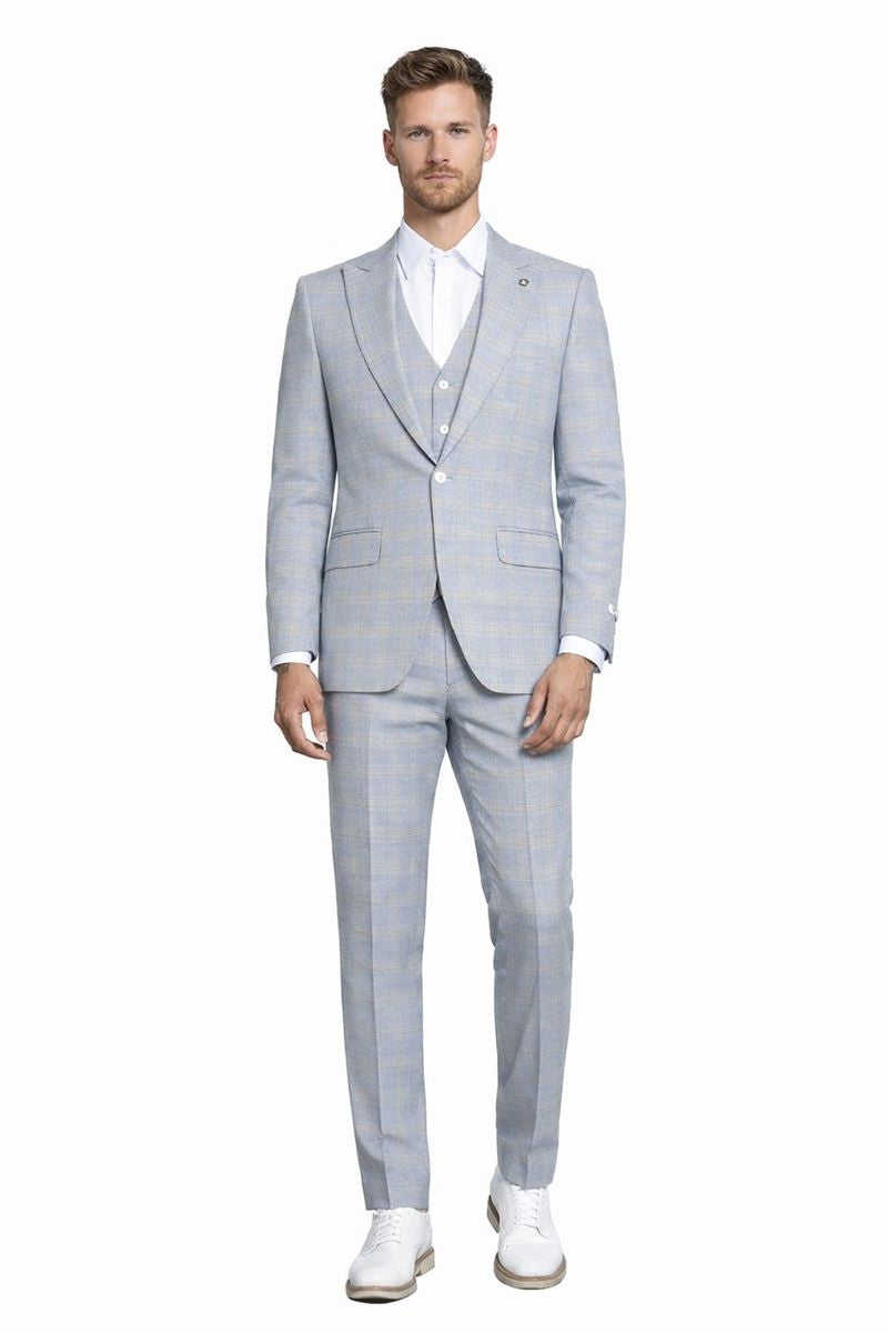 Men's Stacy Adams Vested Peak Lapel Baby Blue Plaid Prom & Wedding Suit