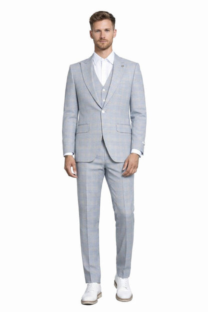 Men's Stacy Adams Vested Peak Lapel Baby Blue Plaid Prom & Wedding Suit