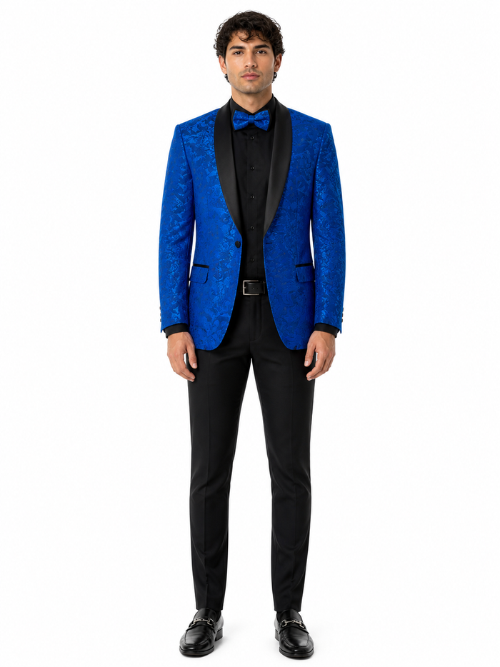 Mens Royal Blue Floral Tuxedo Suit Jacket with Black Shawl Lapel | Slim Fit Luxury Formal Blazer