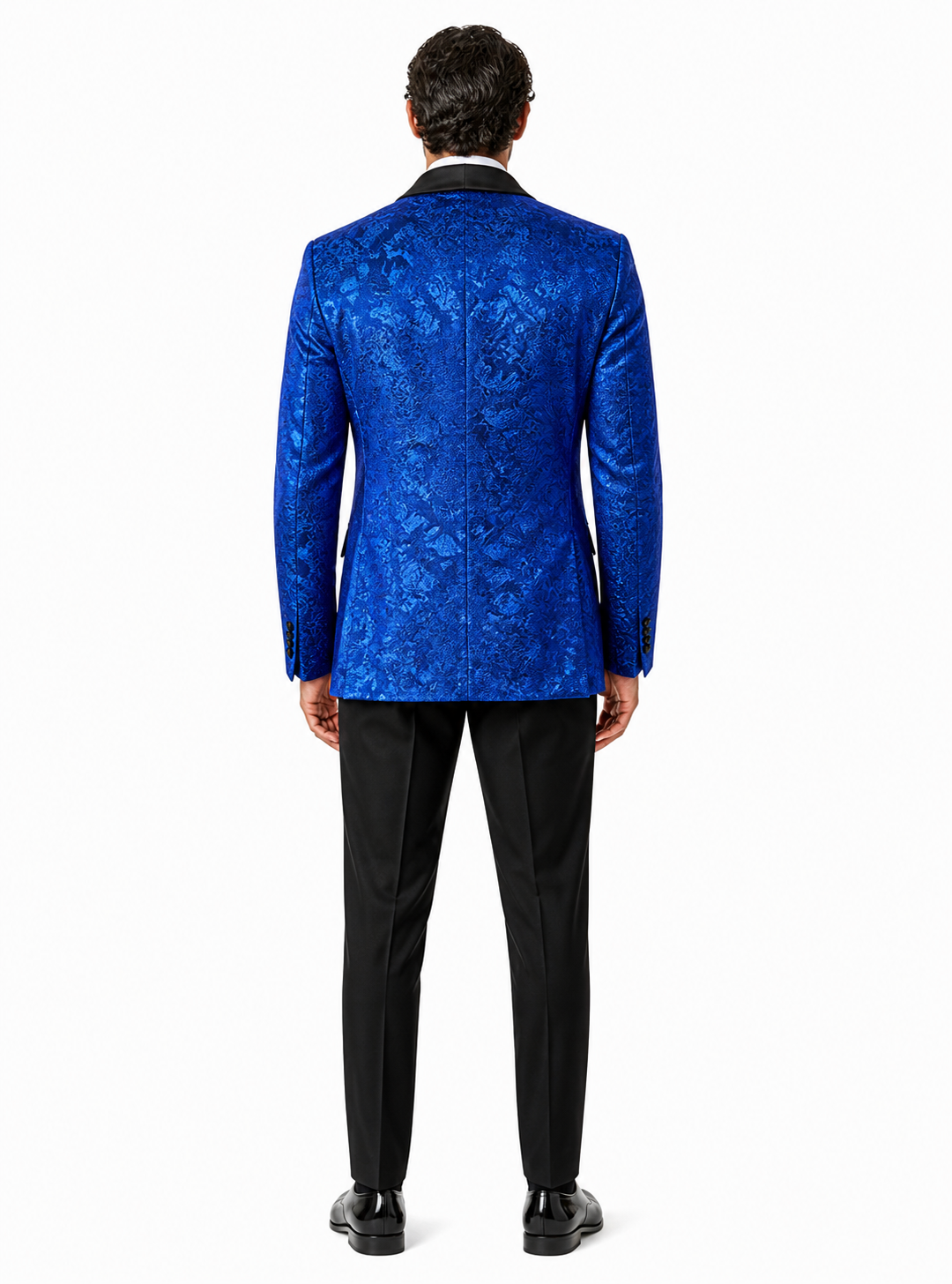Mens Royal Blue Floral Tuxedo Suit Jacket with Black Shawl Lapel | Slim Fit Luxury Formal Blazer