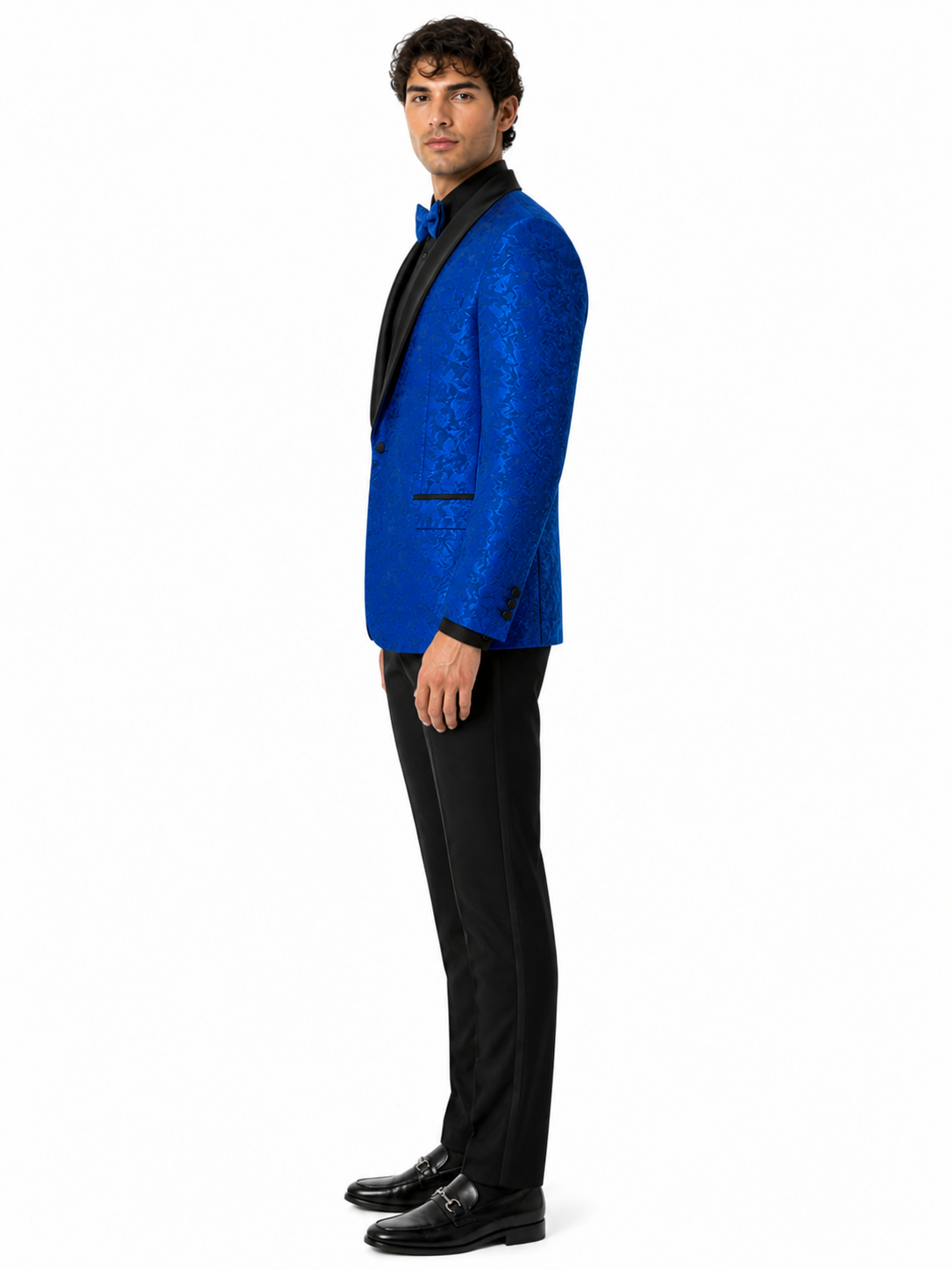 Mens Royal Blue Floral Tuxedo Suit Jacket with Black Shawl Lapel | Slim Fit Luxury Formal Blazer