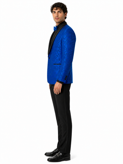 Mens Royal Blue Floral Tuxedo Suit Jacket with Black Shawl Lapel | Slim Fit Luxury Formal Blazer