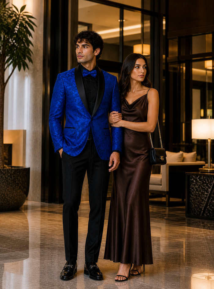 Mens Royal Blue Floral Tuxedo Suit Jacket with Black Shawl Lapel | Slim Fit Luxury Formal Blazer