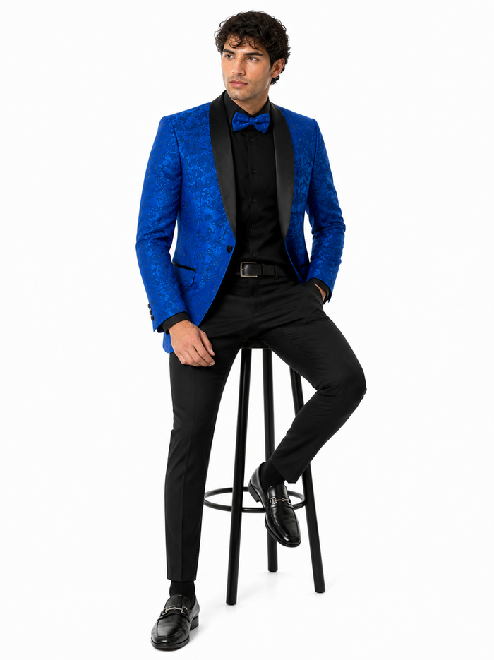 Mens Royal Blue Floral Tuxedo Suit Jacket with Black Shawl Lapel | Slim Fit Luxury Formal Blazer