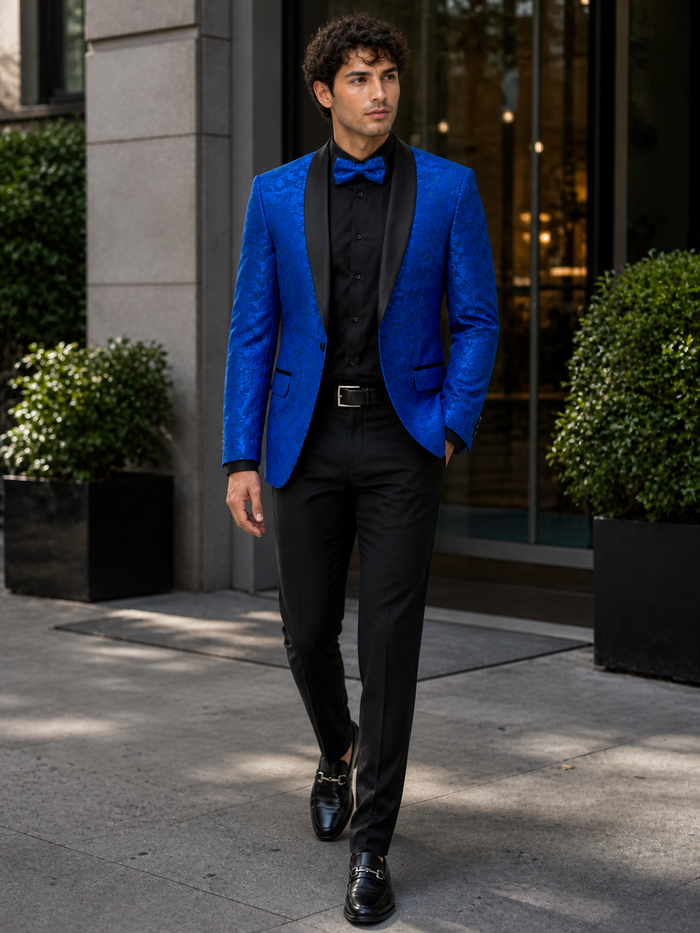 Mens Royal Blue Floral Tuxedo Suit Jacket with Black Shawl Lapel | Slim Fit Luxury Formal Blazer
