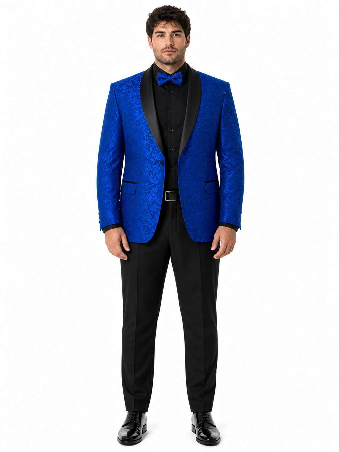 Mens Royal Blue Floral Tuxedo Suit Jacket with Black Shawl Lapel | Slim Fit Luxury Formal Blazer