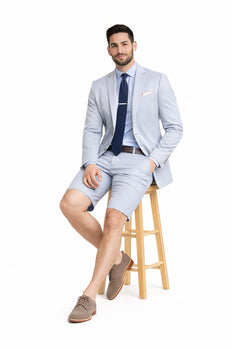 Men's Summer Business Suits With Shorts Pants Set (Sport Coat Looking) Light Gray - Image 5