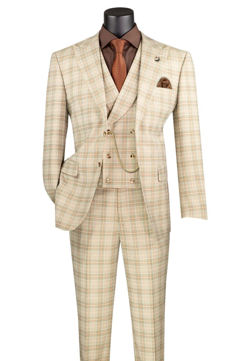 Marc Darcy Wedding Suits Men's Summer Windowpane Plaid Suit with Double Breasted Vest in Khaki Tan - Image 2