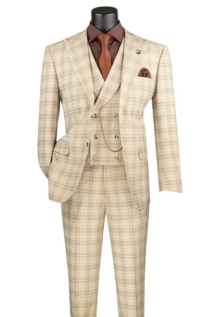 Marc Darcy Wedding Suits Men's Summer Windowpane Plaid Suit with Double Breasted Vest in Khaki Tan - Image 2