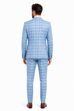 Statement Mens Modern Fit 3 Piece 100% Super 200s Wool Classic Windowpane Suit – Double Breasted Vest