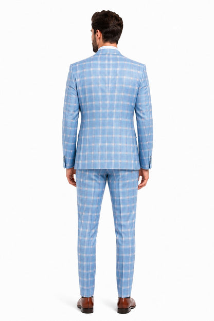 Statement Mens Modern Fit 3 Piece 100% Super 200s Wool Classic Windowpane Suit – Double Breasted Vest
