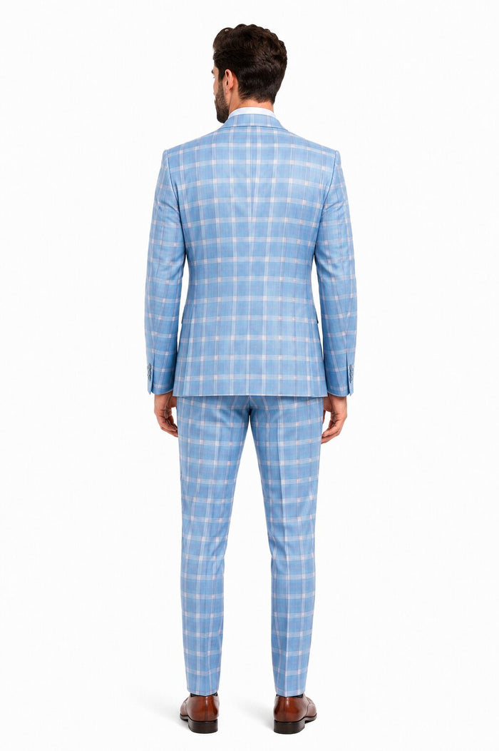Statement Mens Modern Fit 3 Piece 100% Super 200s Wool Classic Windowpane Suit – Double Breasted Vest