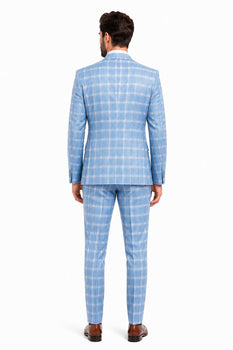 Statement Mens Modern Fit 3 Piece 100% Super 200s Wool Classic Windowpane Suit – Double Breasted Vest