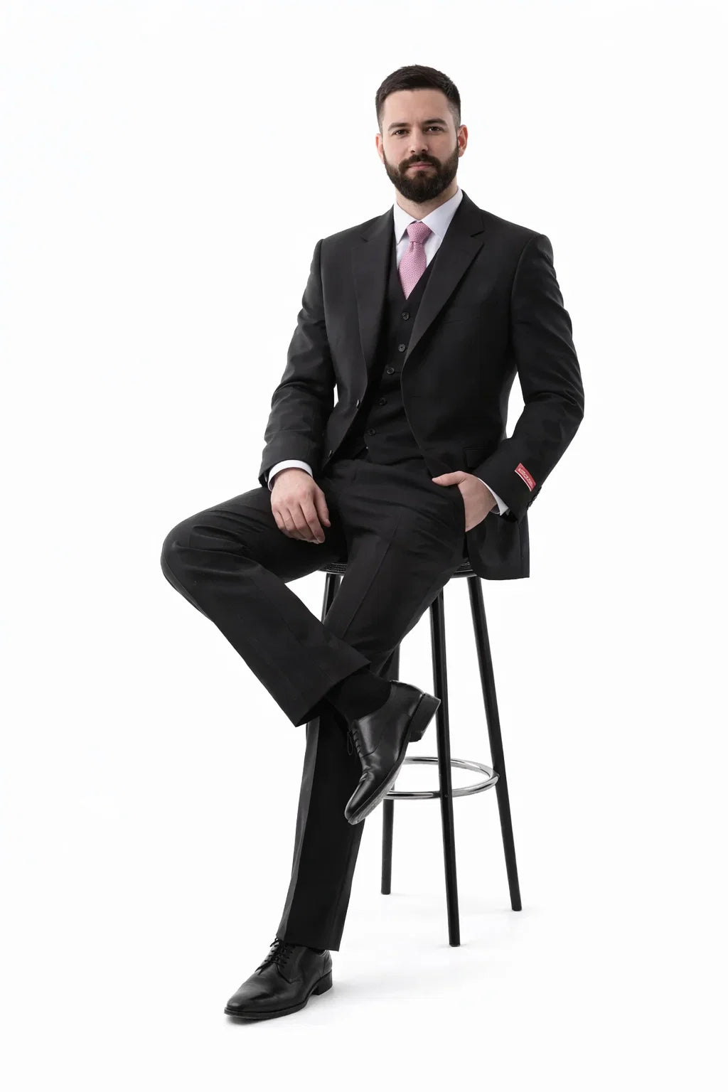 Men's Superior 150s Extra Fine Black 3 pcs Vested Suits with Peak Lapel - Image 5
