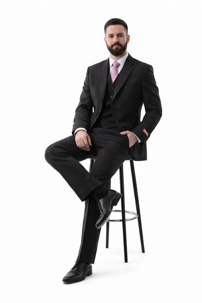 Men's Superior 150s Extra Fine Black 3 pcs Vested Suits with Peak Lapel - Image 5