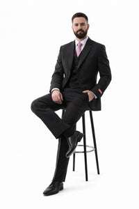 Men's Superior 150s Extra Fine Black 3 pcs Vested Suits with Peak Lapel