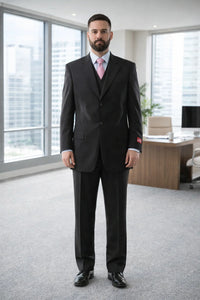 Men's Superior 150s Extra Fine Black 3 pcs Vested Suits with Peak Lapel