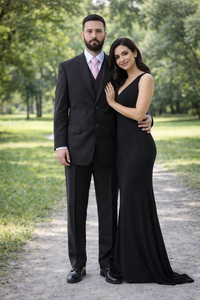 Men's Superior 150s Extra Fine Black 3 pcs Vested Suits with Peak Lapel