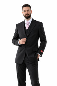 Men's Superior 150s Extra Fine Black 3 pcs Vested Suits with Peak Lapel