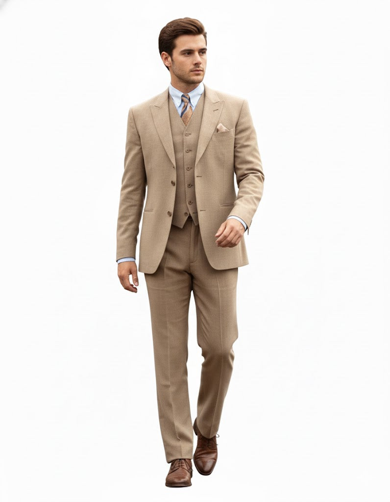 gatsby formal dress mens Mens Mocca Brown Taupe textured 1920s Great Gatsby Inspired Suit – Vintage  Three Piece Retro Formal Suit Peak Lapel main image 1