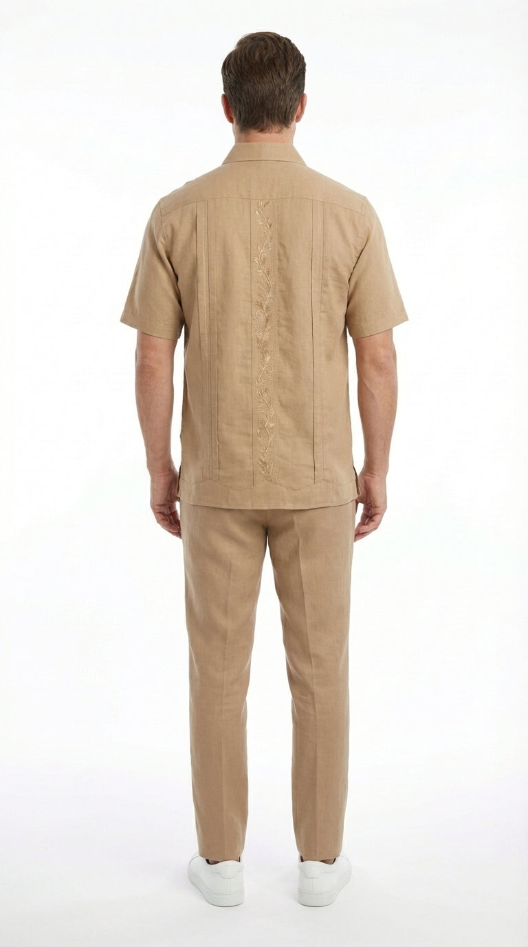 Mens Tan Embroidered Walking Suit Plus Matching Pants – Short Sleeve Shirt and Pants Casual Summer Outfit for Vacation, Beach in khaki Beige Color