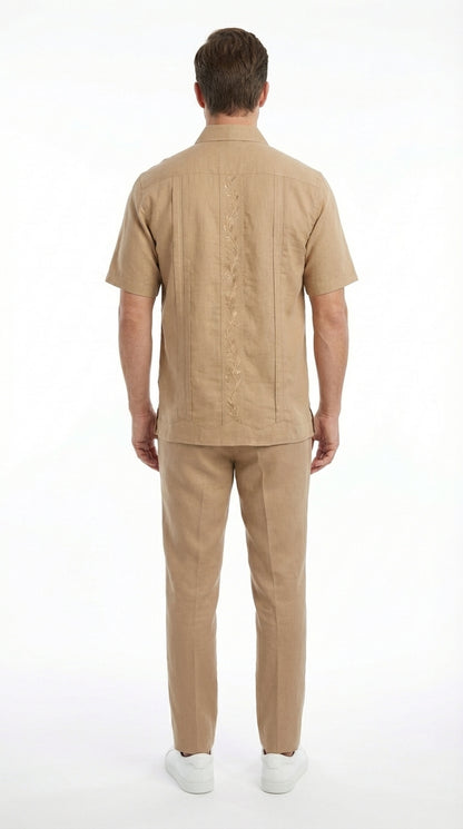 Mens Tan Embroidered Walking Suit Plus Matching Pants – Short Sleeve Shirt and Pants Casual Summer Outfit for Vacation, Beach in khaki Beige Color