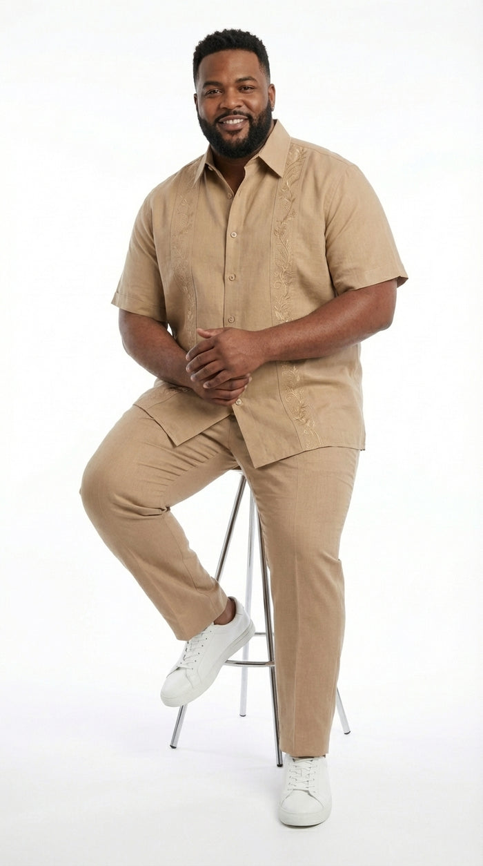 Mens Tan Embroidered Walking Suit Plus Matching Pants – Short Sleeve Shirt and Pants Casual Summer Outfit for Vacation, Beach in khaki Beige Color