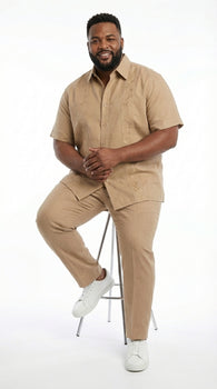 Mens Tan Embroidered Walking Suit Plus Matching Pants – Short Sleeve Shirt and Pants Casual Summer Outfit for Vacation, Beach in khaki Beige Color