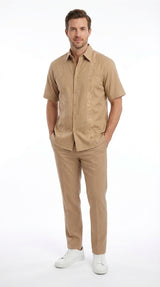 Mens Tan Embroidered Walking Suit Plus Matching Pants – Short Sleeve Shirt and Pants Casual Summer Outfit for Vacation, Beach in khaki Beige Color