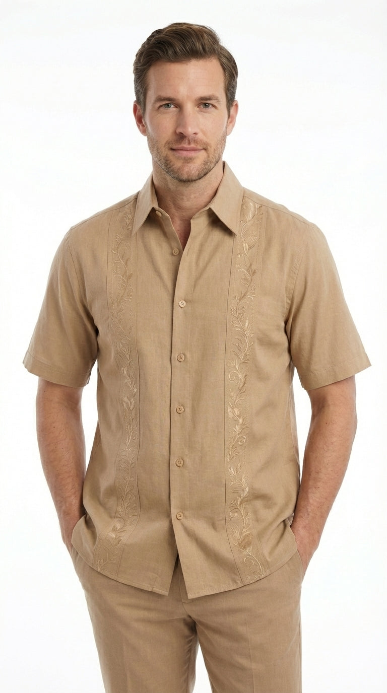 Mens Tan Embroidered Walking Suit Plus Matching Pants – Short Sleeve Shirt and Pants Casual Summer Outfit for Vacation, Beach in khaki Beige Color