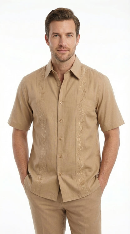 Mens Tan Embroidered Walking Suit Plus Matching Pants – Short Sleeve Shirt and Pants Casual Summer Outfit for Vacation, Beach in khaki Beige Color