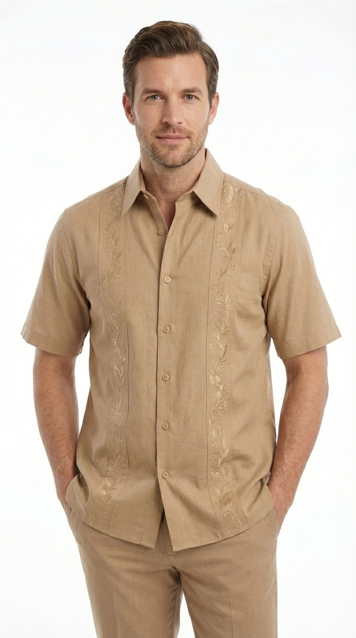 Mens Tan Embroidered Walking Suit Plus Matching Pants – Short Sleeve Shirt and Pants Casual Summer Outfit for Vacation, Beach in khaki Beige Color