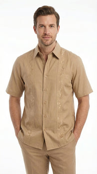 Mens Tan Embroidered Walking Suit Plus Matching Pants – Short Sleeve Shirt and Pants Casual Summer Outfit for Vacation, Beach in khaki Beige Color