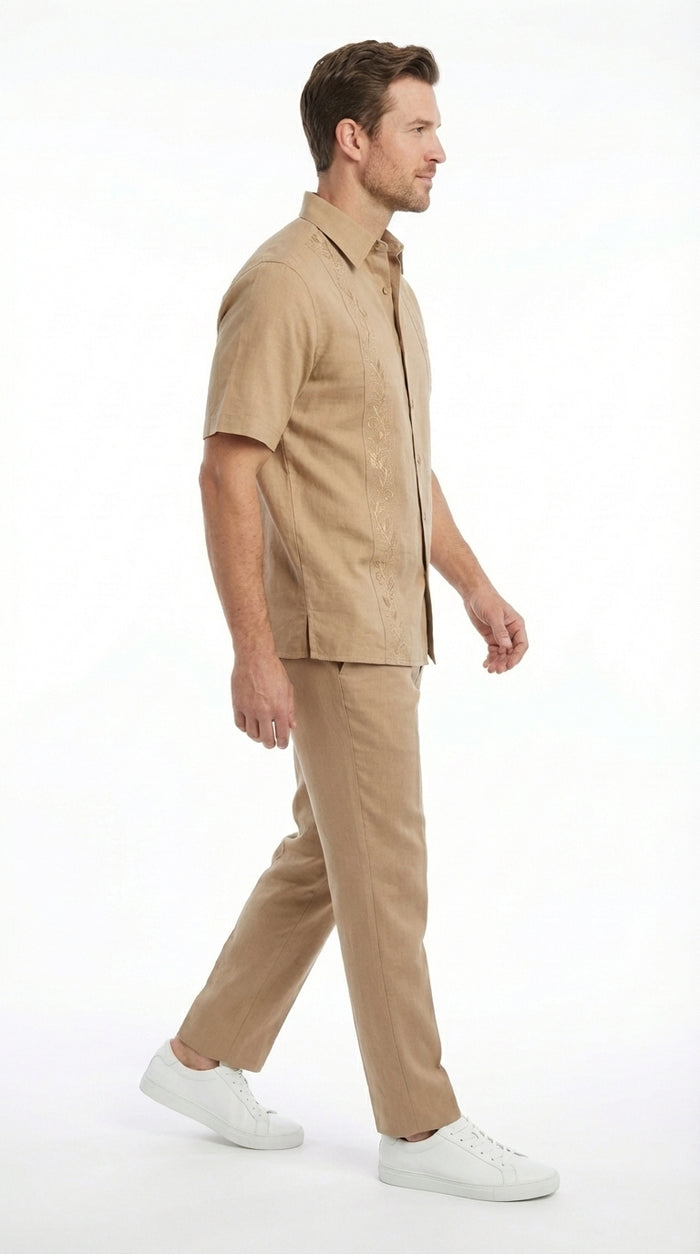 Mens Tan Embroidered Walking Suit Plus Matching Pants – Short Sleeve Shirt and Pants Casual Summer Outfit for Vacation, Beach in khaki Beige Color