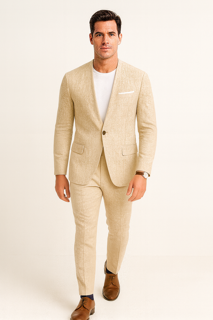 Tan Linen Suit For Summer - Collarless Blazer and Pants Collarless Lapel - No Lapel Casual!