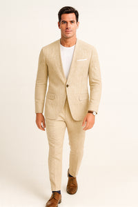 Tan Linen Suit For Summer - Collarless Blazer and Pants Collarless Lapel - No Lapel Casual!