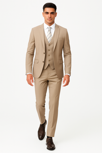 Men’s Tan Modern Fit 3-Piece Suit with Vest – Stylish Vested Formal Wear
