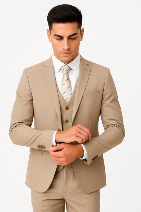 Men’s Tan Modern Fit 3-Piece Suit with Vest – Stylish Vested Formal Wear