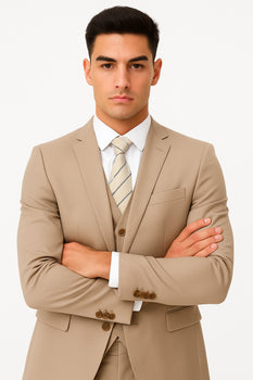 Men’s Tan Modern Fit 3-Piece Suit with Vest – Stylish Vested Formal Wear