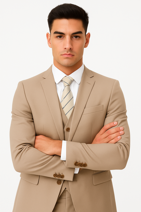 Men’s Tan Modern Fit 3-Piece Suit with Vest – Stylish Vested Formal Wear