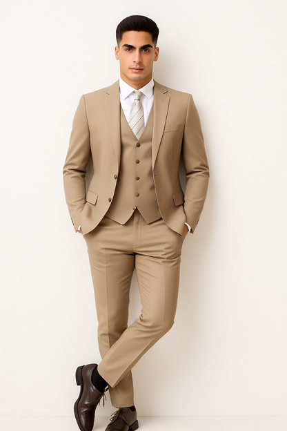 Men’s Tan Modern Fit 3-Piece Suit with Vest – Stylish Vested Formal Wear